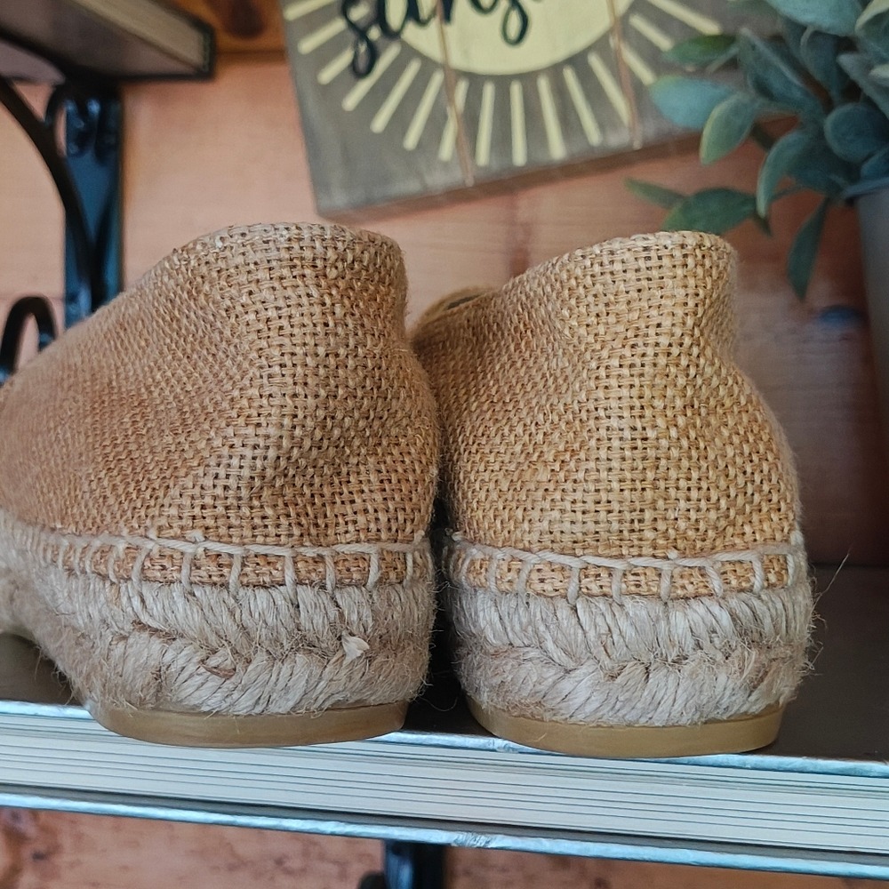 Prada Milano Embroidered Tan Jute Linen Burlap Shoe Espadrille Flats EUC Sz 36/6 - Picture 10 of 13
